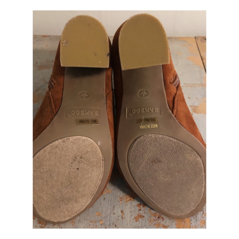 BAMBOO Brown Suede Peep-Toe Embroidered Ankle Booties - Picture 5 of 8